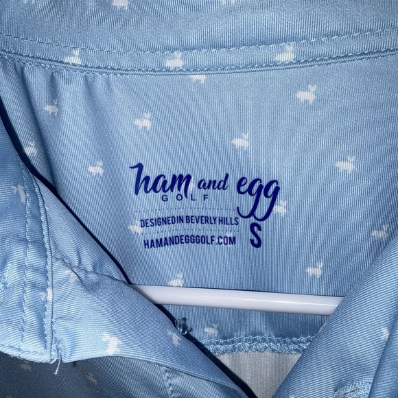 Mens HAM AND EGG‎ Golf Golfing Blue Polo Shirt Pig & Chicken Print Sz Small - Picture 2 of 9